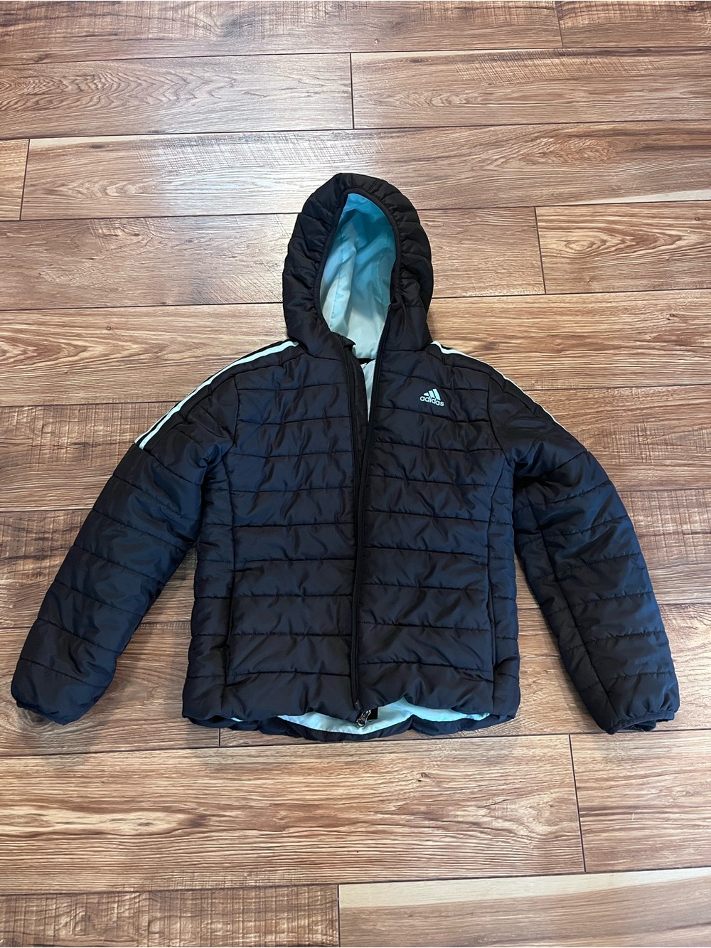 adidas Black Kids Puffer Jacket with Light Blue Lining